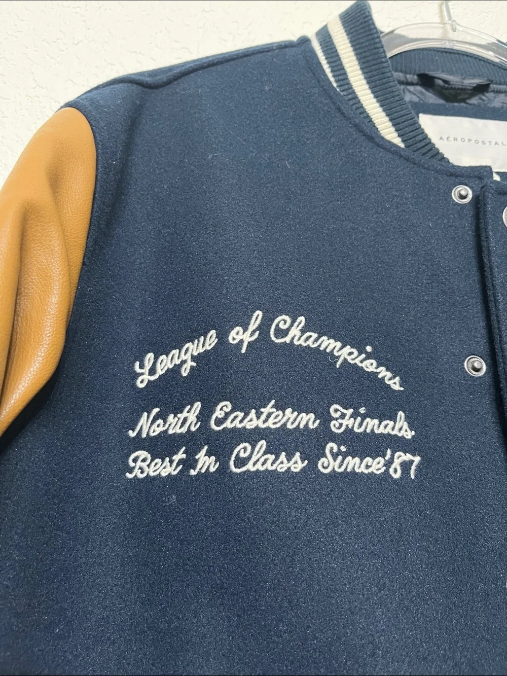 Aeropostale Men’s XS Varsity Jacket With Navy Blue Wool and Tan Leather Sleeves